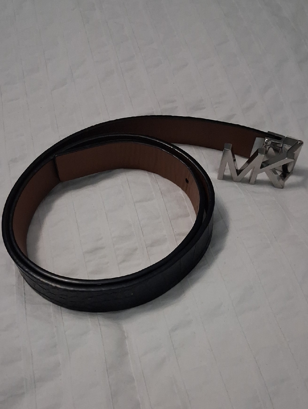 Michael Kors Black Leather Belt with Silver MK Buckle